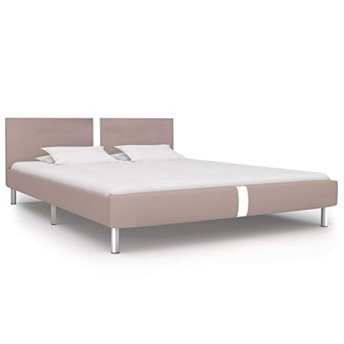 vidaXL Cama Matrimonio Estructura Hierro + Somier Láminas + Cabecero Tapizada Piel Sintética 160x200 cm Cuero Imitar MDF Patas Acero Capuchino Plata