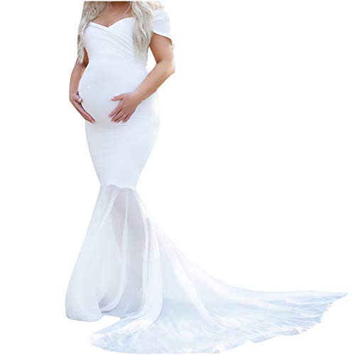 Vuncio Vestido de maternidad para mujer, de manga corta, con hombros descubiertos, con encaje de flores, para embarazadas, fotografía elegante, maxivestido de maternidad Blanco L