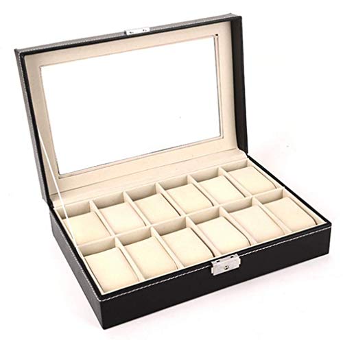 Watch Box-12 - Organizador de relojes para hombre, caja de joyería, caja de almacenamiento, caja de reloj con cerradura y bandeja con tapa de cristal de piel sintética