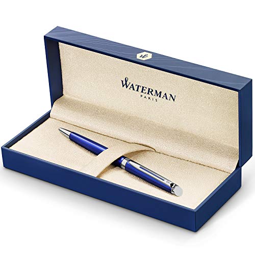 Waterman Hémisphère bolígrafo, lacado en color azul brillante y acabado cromado, punta mediana con cartucho de tinta azul, estuche de regalo Waterman Hémisphère bolígrafo, lacado en color azul brillante y acabado cromado, punta mediana con cartucho de tinta azul, estuche de regalo