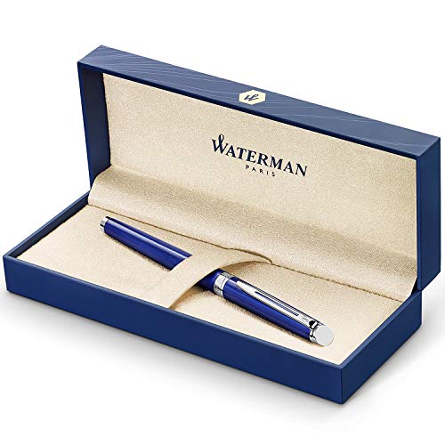 Waterman Hémisphère rotulador roller, lacado en color azul brillante y acabado cromado, punta mediana con cartucho de tinta azul, estuche de regalo Waterman Hémisphère rotulador roller, lacado en color azul brillante y acabado cromado, punta mediana con cartucho de tinta azul, estuche de regalo