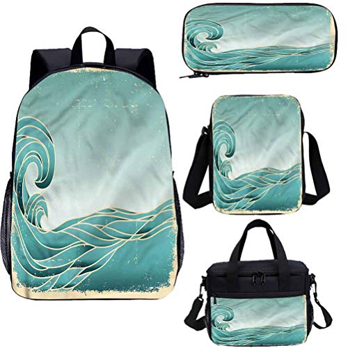 Wave 17 pulgadas mochila escolar y bolsa de almuerzo, ilustración marina papel antiguo 4 en 1 conjuntos de mochila