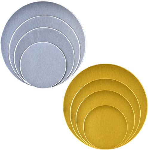 WENTS - Juego de 8 tablas redondas para tartas, base de cartón, base de decoración de tartas, reciclables, apilables, 6 8 10 y 12 pulgadas de diámetro, plata y oro (2,5 mm)