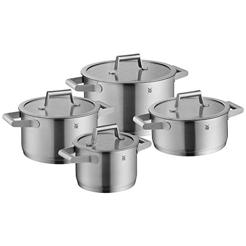 WMF Comfort Line - Batería de cocina de inducción, 4 piezas, juego de ollas con tapa de cristal, acero inoxidable Cromargan mate, escala, apilable, sin revestimiento