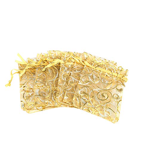 YFZYT 100 Paquetes de Lujo con Cordón de Organza para el Favor de la Boda Joyas Bocaditos Presente Bolsas de Embalaje Wrap - 10 x 15 cm, Oro#1
