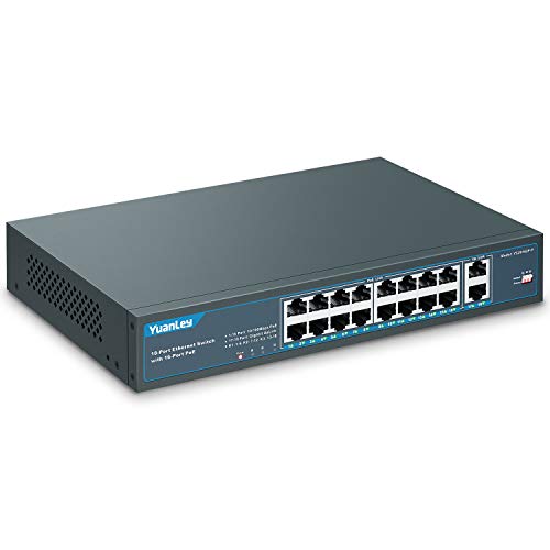 YuanLey 18 Port PoE Switch, 16 PoE+ Port 100Mbps, 2 Uplink Gigabit, Potencia Incorporada de 250W, 802.3af/at, Plug and Play no Administrado Montado en Bastidor