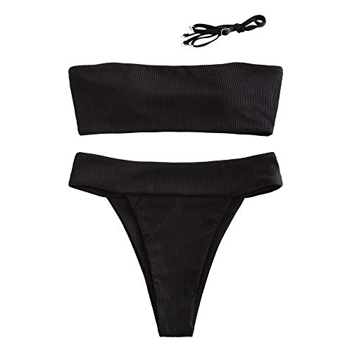 ZAFUL Conjunto de bikini tipo bandeau para mujer, de un solo color, con tirantes de espalda sexy, de nailon de corte alto, traje de baño para verano Negro-B. M