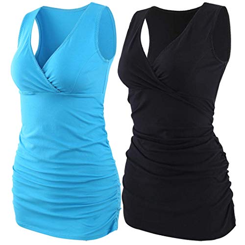 ZUMIY - Camiseta de lactancia materna, cuello en V, cintura fruncida, doble capa Negro+azul lago/2-pk S