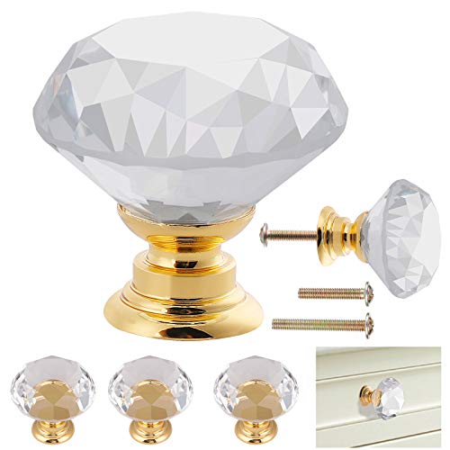 12 pomos de cristal con base dorada, pomos transparentes para armario(30 x 30 mm), pomos de puerta con corte de diamante,viene con dos tipos de tornillos (30 mm y 20 mm),para decoración del hogar con
