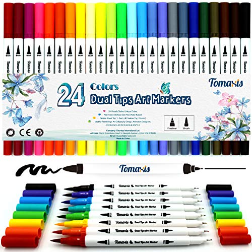 24 bolígrafos para colorear, punta de fieltro de 0,4 mm, rotuladores de punta doble, rotuladores de pincel, bolígrafos de dibujo simulación acuarela