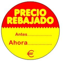 500 Etiquetas PRECIO REBAJADO. Antes Ahora. €. En papel fondo amarillo e impresas en rojo, de 50 mm. de diámetro. (se suministran en 1 rollo)