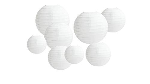 8 linternas de papel PCS, linterna redonda de papel blanco con nervaduras de alambre, pantallas de lámparas blancas de diferentes tamaños, 4"6" 8"10"