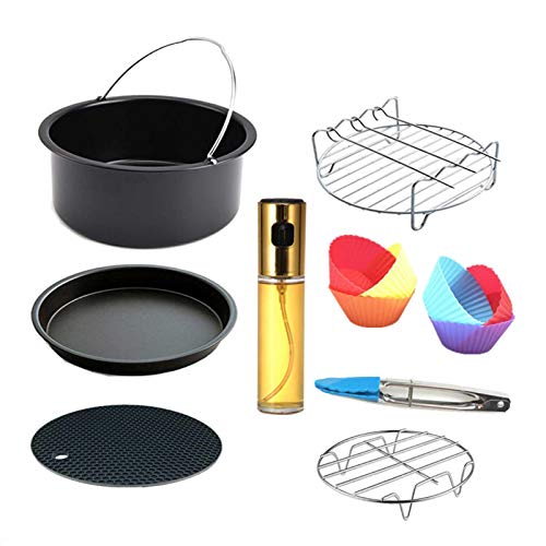 Accesorios para freidoras de aire, juego de 8, para todas las freidoras de aire caliente de 3.5QT - 5.8QT con barril de pastel de 6/7/8 pulgadas,molde para pizza, molde para cupcakes, botella de spray