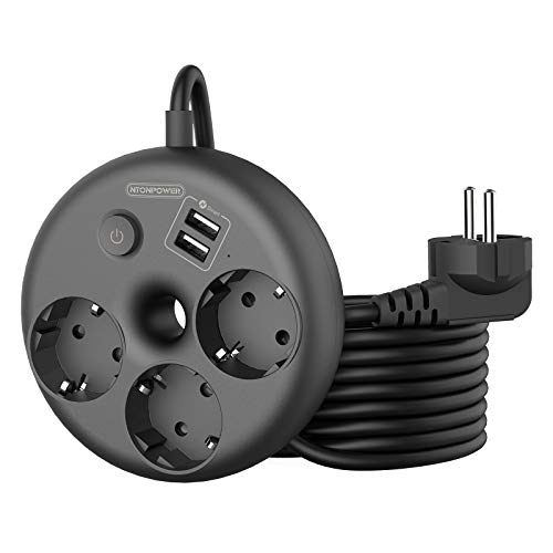 Alargador Enchufe de Montaje en Pared con 5 Metros de Cable, NTONPOWER Regletas Enchufes de 3 Tomas y 2 USB, Enchufes Multiples para Hogar, Protección de Sobrecarga, Enchufe Europeo, Regleta Negro