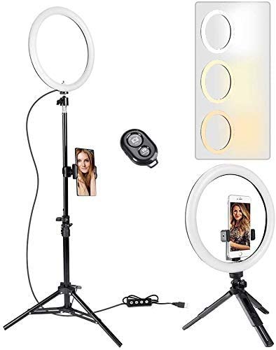Anillo aro de luz de 10 Inch con 2 trípode, 3 Colores de luz y 11 Niveles de Brillo para Selfie, Mando a Distancia Bluetooth, iluminación para Maquillaje, Live Stream, Youtube