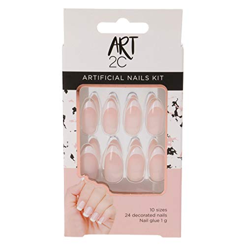 Art 2C - Kit de uñas postizas con pegamento fáciles de poner y quitar, 24 uñas decoradas con forma almendrada y manicura francesa (016), 10 tamaños