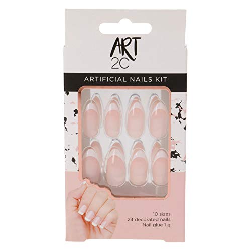 Art 2C - Kit de uñas postizas con pegamento fáciles de poner y quitar, 24 uñas decoradas con forma almendrada y manicura francesa (016), 10 tamaños Art 2C - Kit de uñas postizas con pegamento fáciles de poner y quitar, 24 uñas decoradas con forma almendrada y manicura francesa (016), 10 tamaños