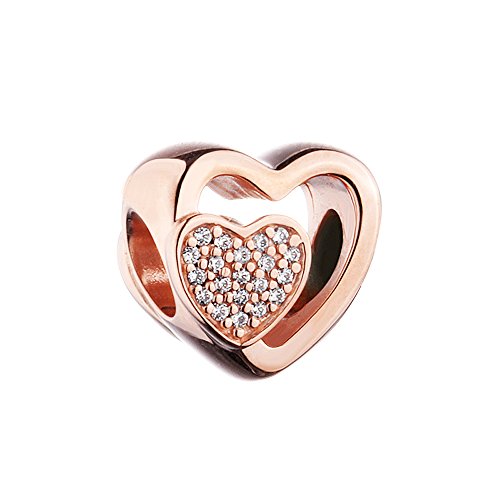 Bakci - Abalorio de plata de ley 925 con forma de corazón y rosa de otoño y circonita cúbica transparente para pulseras Pandora