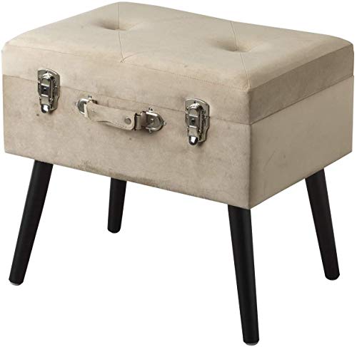 Baroni Puf taburete maleta contenedor terciopelo con patas de madera beige 50 x 35 x 46 cm