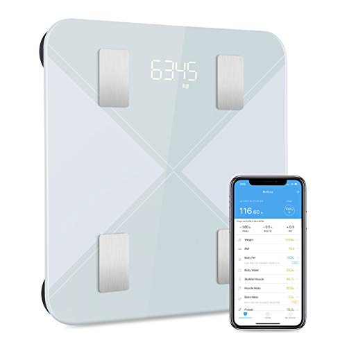 Bascula de Baño Digital Grasa Corporal, Mpow báscula inteligente con App, Analizar Más de 13 Funciones, Máximo 180 Kilos, Aplicar para Andriod y Ios