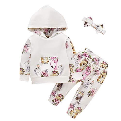 Bebé Niño Niña Traje de Moda Costura Floral con Capucha de Manga Larga con Capucha Pantalones con Cordón Bowknot Diadema Traje de Algodón Ropa Deportiva con Capucha Traje para