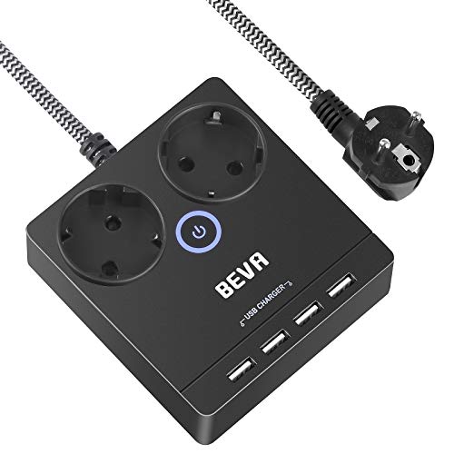 BEVA Regleta Enchufes Alargador, Enchufe Multiple Portátil de 2 Tomas Corrientes y 4 Rápida USB Tomas, Adecuado para el Hogar, la Oficina y los Viajes, Cable 1.5 m Negro