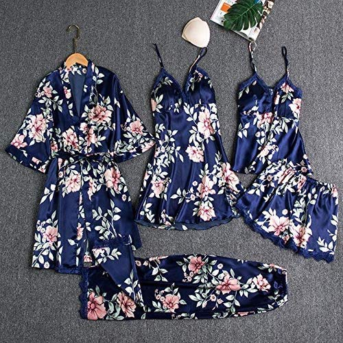 Blushy Silk 5 Piece Pajama Set, Sexy Women's Sleepwear Floral Lace Trim Satin Cami Robe Pajama Set with Chest Pads #08 XL