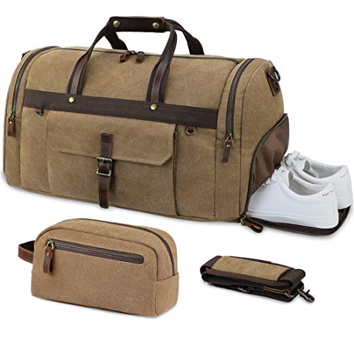 Bolsa de Viaje Lona Hombre Bolsa Fin de Semana de Impermeable Cuero Grande Vintage Bolsa Deportiva 55 litros con Compartimento para Zapatos y Bolsa de Aseo Caqui