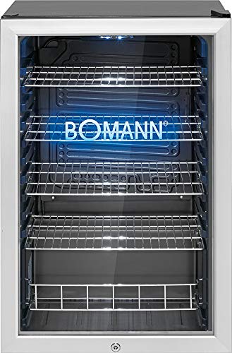 Bomann KSG 7284 - Frigorífico con puerta de cristal (115 L, puerta de dispositivo de doble acristalamiento, iluminación interior LED y logotipo de Bomann grabado con iluminación LED azul), color negro