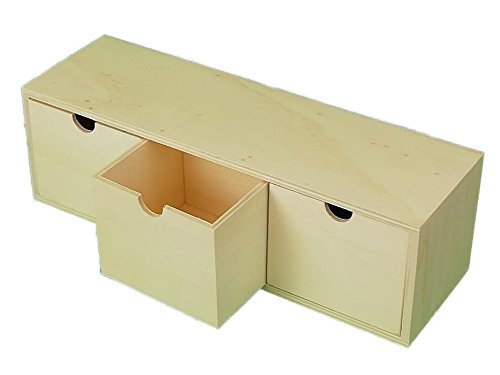 Caja 3 cajones. En madera en crudo para pintar. Medidas (ancho/fondo/alto): 40 * 12 * 12 cms. Medida interior cajón (ancho/fondo/alto): 12 * 18 * 7 cms. Para decoración y manualidades.