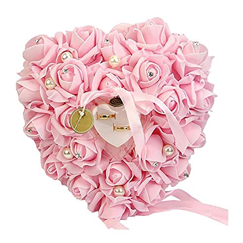 Caja de anillo de boda rosa en forma de corazón, soporte para anillo de boda, almohada de espuma de satén rosa para 2 anillos, cojín de anillo de boda rosa