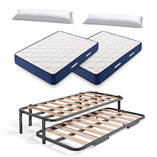 Cama Nido Metálica Reforzada con 6 Patas + 2 Colchones Viscoelásticos Viscorelax + 2 Almohadas de Fibra Tacto Pluma, 105x200 cm