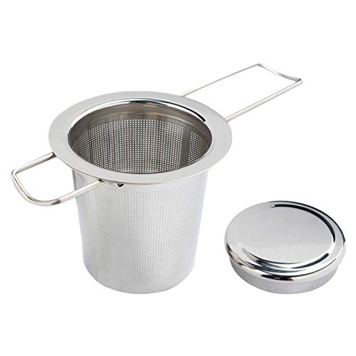 Colador de malla de té, colador de infusor de té de acero inoxidable con tapa, colador de té con dos asas plegables, filtro de té para tazas de té, tazas y ollas