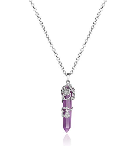 Collar con colgante giratorio de flor de plata con piedra de cristal púrpura natural. Collar con colgante giratorio de flor de plata con piedra de cristal púrpura natural.
