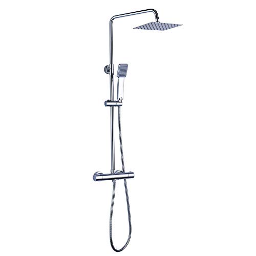 Columna de ducha MOL con grifo termostático y tubo redondo extensible de 80 a 120 cm. Rociador y ducha de mano cuadrados, acabados cromados. Repuestos originales