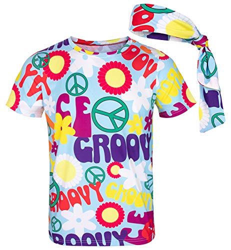 COSAVOROCK Disfraz de Hippie años 60s 70s Hombre Camiseta con Diadema (M, Peace)