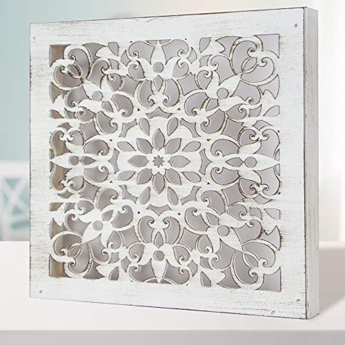 Cuadro Mandala de Pared Calada, Fabricada artesanalmente en España- Mandala 3D Cuadrada Pintada a Mano- Modelo Mosaico 121- (Blanco Envejecido, 50x50)