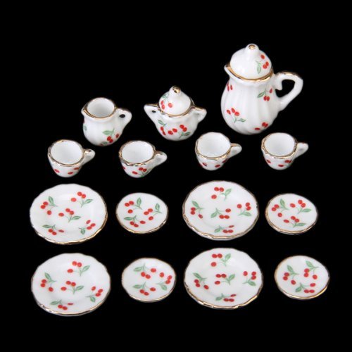 Dcolor 15 pcs casa de munecas en miniatura te conjunto vajilla de porcelana taza rojo cereza