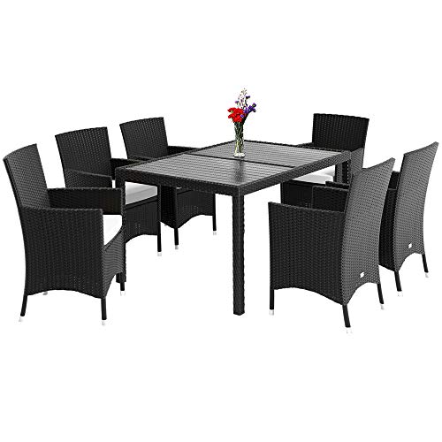 Deuba Conjunto de Mesa WPC y 6 sillas apilables Negro Cojines de 7 cm de Grosor Set Muebles terraza Jardin Patio Comedor