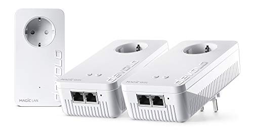 Devolo Magic 1 WiFi: Powerline con función WLAN, WiFi de hasta 1200 Mbit/s AC, 2 x Adaptador Pro Fast Ethernet conexión LAN, Toma de Corriente integrada, Red WiFi, Punto de Acceso, Blanco