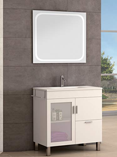 EL ALMACEN DEL PROFESIONAL Juego de Mueble de Baño Modelo Portland Porcelana, Conjunto formado por Mueble de Baño Estilo Moderno Lacado en Blanco Ancho 60cm, Lavabo de Porcelana y Espejo a Juego