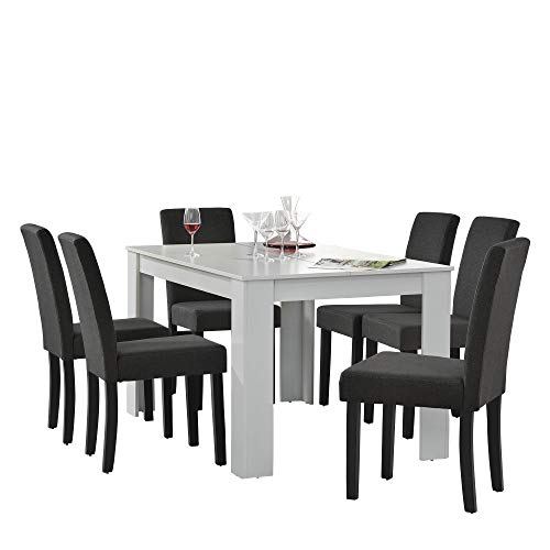 [en.casa] Set de Comedor Elegante Mesa de diseño Blanca con 6 sillas Gris Oscuro - 140x90cm