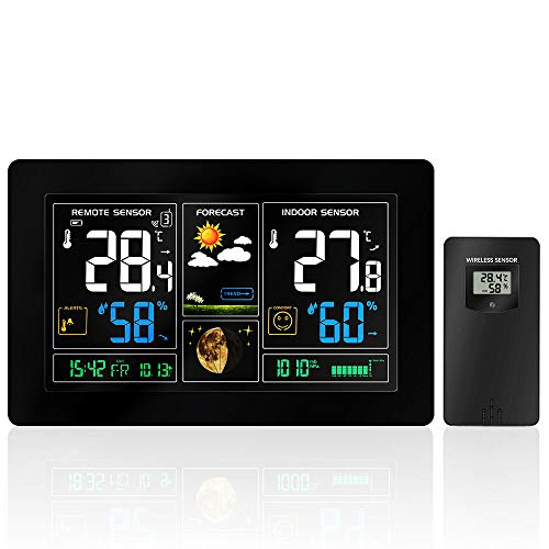 Estación meteorológica inalámbrica con pantalla a color, alarmas, pronóstico del tiempo, alertas de temperatura, monitor de humedad, reloj de alarma que incluye un sensor exterior