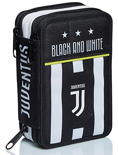 Estuche 3 Compartimentos Juventus Best Match Blanco y Negro con bolígrafos, lápices, Colores y más