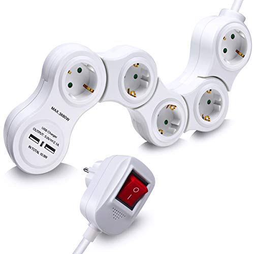 ExtraStar Regleta Alargador Blanco Flexible con 5 enchufes, 2 Puertos USB(5V 2.1A) e interruptor,Cable 1.5M para el hogar, oficina y viajes