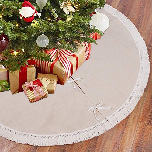 Falda de árbol de Navidad con borlas de arpillera - Cubierta de base de árbol de lino rústico con adorno de Navidad de árbol blanco para decoraciones navideñas Suministros para fiestas de Año Nuevo Falda de árbol de Navidad con borlas de arpillera - Cubierta de base de árbol de lino rústico con adorno de Navidad de árbol blanco para decoraciones navideñas Suministros para fiestas de Año Nuevo