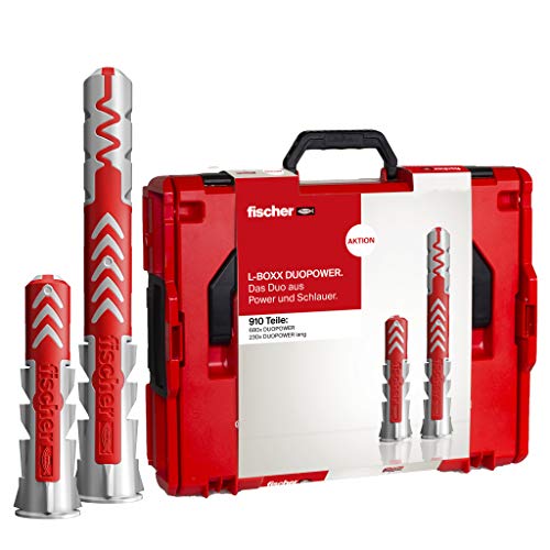 Fischer - DuoPower L-Boxx, caja surtida de tacos DuoPower, taco para pladures, ladrillo y hormigón, diámetros 6, 8, 10, caja resistente a golpes y apilable de 910 unidades, rojo y gris, sin tornillo