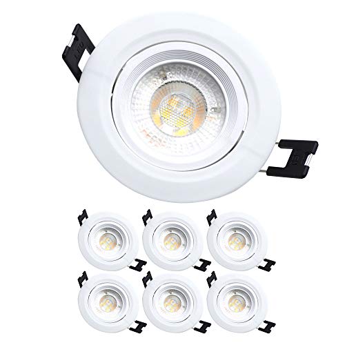 Foco empotrable LED orientable para techo 5W 400 lumens (equivalente a 50W) Luz cálida 3000k, color blanco, ángulo de rotación de 38°, Pack 6 unidades