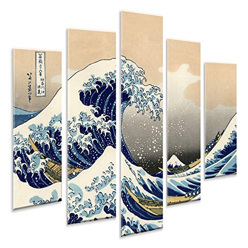 Giallobus - Pintura de Paneles múltiples 5 Piezas - Katsushika Hokusai - La Gran Ola de Kanagawa - Impresión en forex con Efecto de Relieve - Listo para Colgar - 140x100 cm