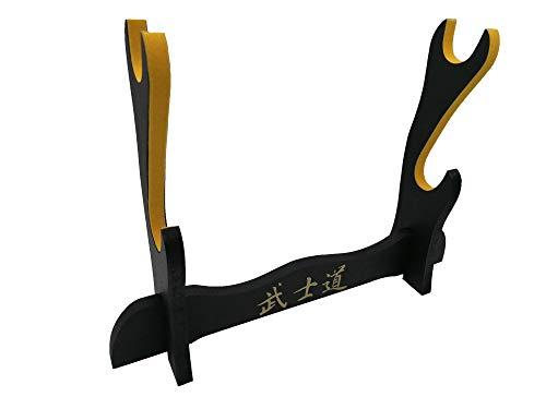 Glac Store Soporte expositor soporte de mesa para Katana Samurai de madera con letras japonesas de 2 plazas adornado con terciopelo amarillo gamuza